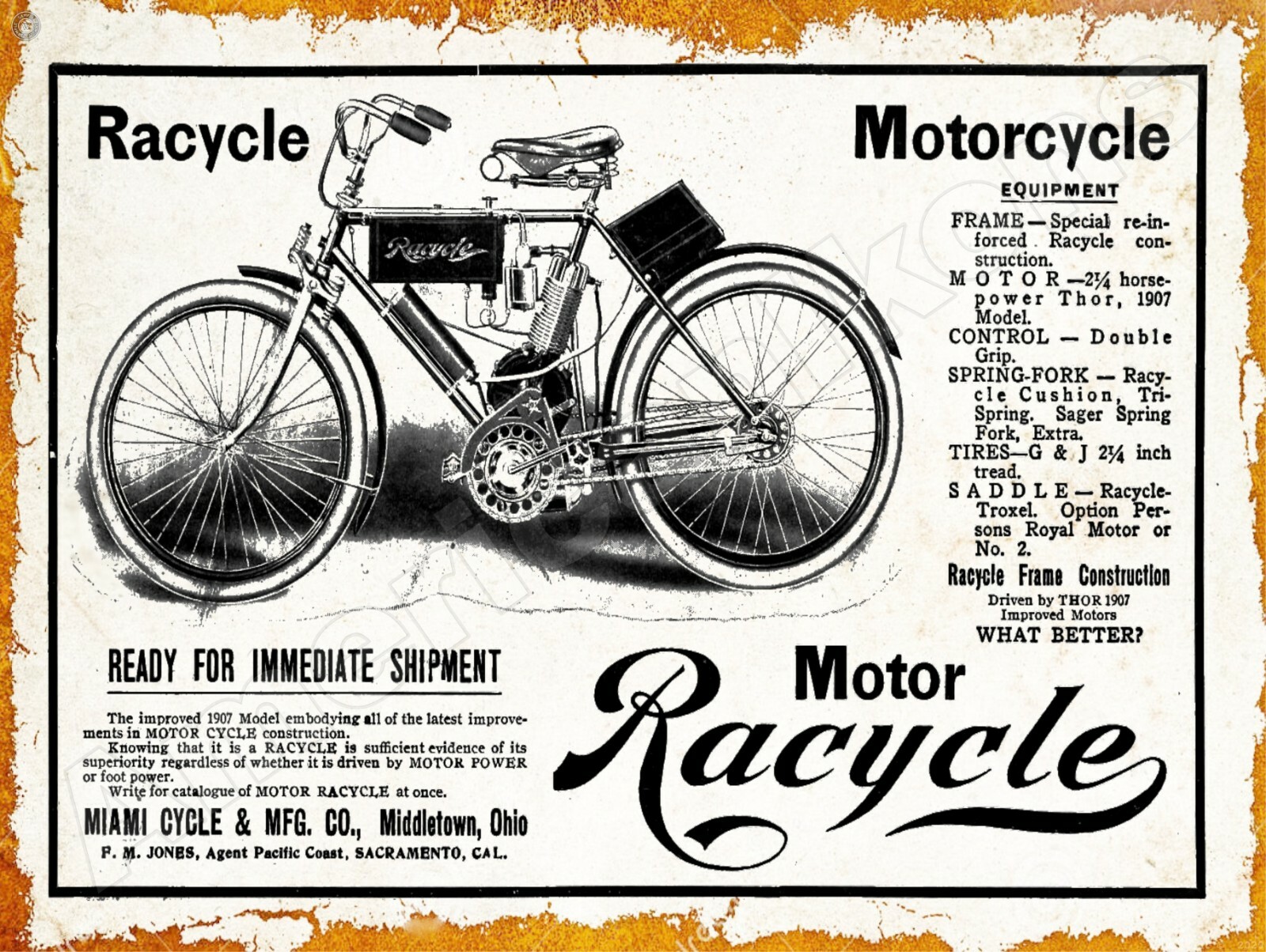 1907 Miami Cycle Co. Racycle Motorcycle New Metal Sign: Middletown, Ohio