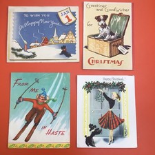 4 Vintage Retro 1950-70s Xmas New Year Paper Cards Woman Dog Print Used Bundle