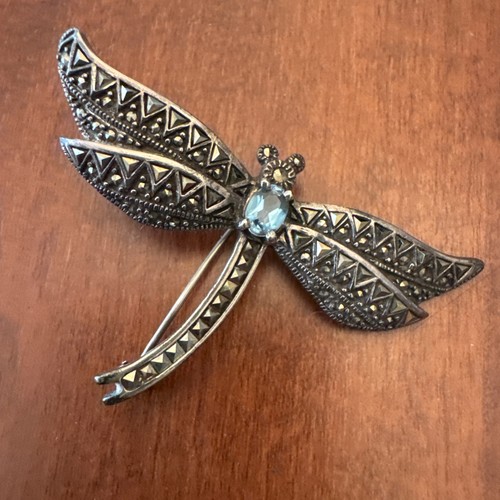 VTG STERLING SILVER DRAGONFLY GEMSTONE BROOCH PIN MARCASITE 925 1.5” 981 - Picture 8 of 9