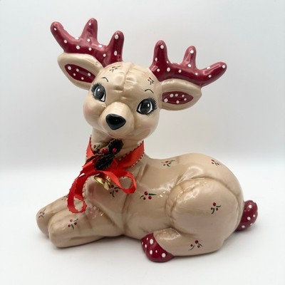 Vintage Christmas Holiday Ceramic Reindeer Plush Look Hand Painted Kimple Deer