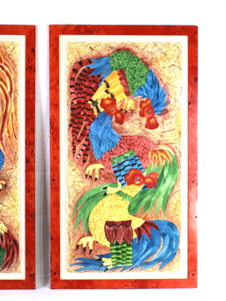 Roosters Mid Century Bold Colorful Watercolor Paintings Signed Anne Hathaway - Image 3 of 4