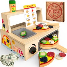 Wooden Pizza Toy - 48 PCS Montessori Pretend Play Food for Ages 3 ,... Fast Ship