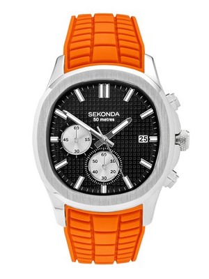 Sekonda Octaire 40mm Herren TV Silber Chronograph Uhr mit orangem Armband
