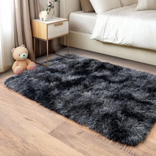 Fluffy Small Rug for Bedroom Shag Soft Area Rug, Modern 2x3 Feet Dark Grey - Image 3 of 4