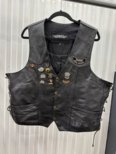 Unik Black Leather Motorcycle Biker Vest Harley Davidson Patches Pins Sz L