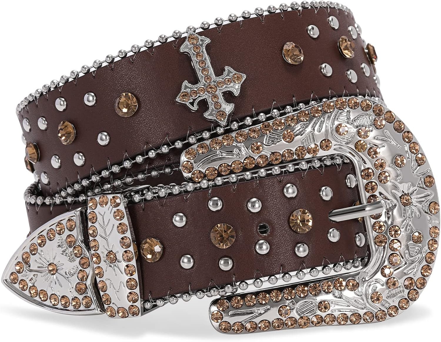 SUOSDEY Rhinestone Belt for Women - Leather Studded for Dress Jeans, Bling West