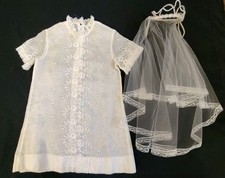 Vintage 60s Girls Dress Communion White Eyelet Lace Semi Sheer Cotton w Veil