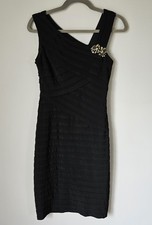 Xscape by Joanna Chen Black Bandage Sheath Bodycon Dress Asymmetrical w/Brooch