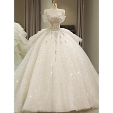 Off Shoulder Wedding Dress Lace Up Luxury Bridal Dresses Ball Gown Sweep Train