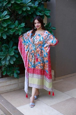 Vestido Maxi Caftán Indio De Seda Gaji Bordado Talla Única Ropa Étnica - Imagen 1 de 4