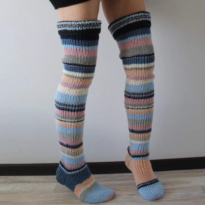 Calcetines calentadores de piernas holgados de mezcla de lana acrílica a rayas por encima de la rodilla EE. UU. 5-8 Foto 2 de 2
