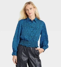 Who What Wear Blue Bishop Long Blouson Sleeve Floral Smock Top Size Large