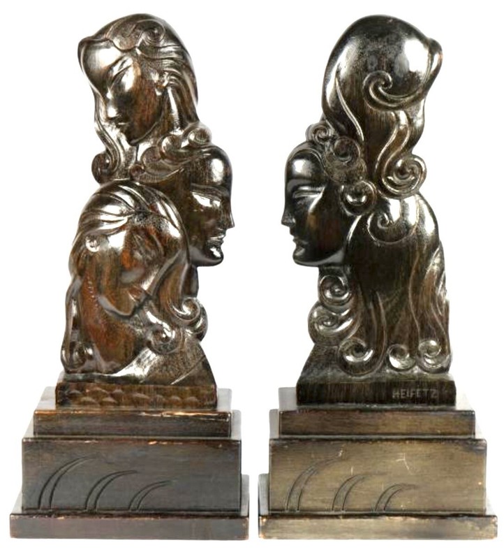 YASHA HEIFETZ  PAIR OF VINTAGE AMERICAN WOOD CARVED FEMALE HEADS