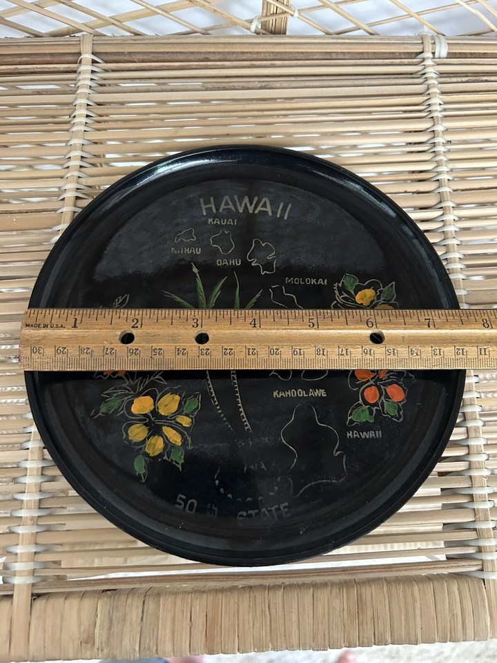 Vintage HAWAII State 7.5” Black Plastic Hand Painted Souvenir Plate