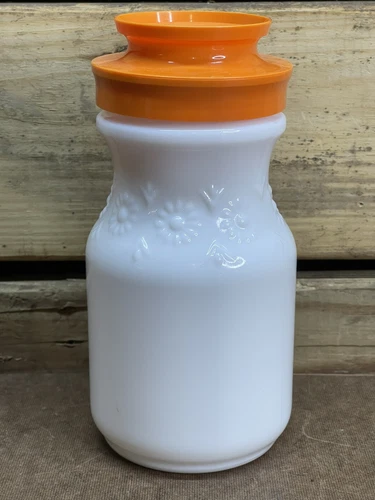 Vintage Tang White Milk Glass Embossed w/ Daisies Jar w/ Screw On Orange Lid