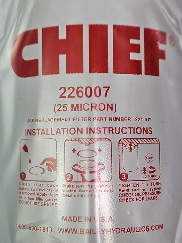 Bailey Hydraulic Chief Spin-on Oil Filters 226007 25 Micron 250 PSI 1" - 12 UNF - Picture 2 of 6