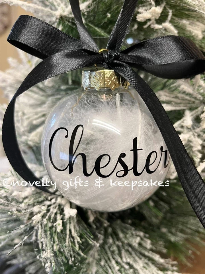 Personalised Christmas Bauble Hanging  Memorial White Feather Rose Gold Snow 8cm - Image 4 of 4