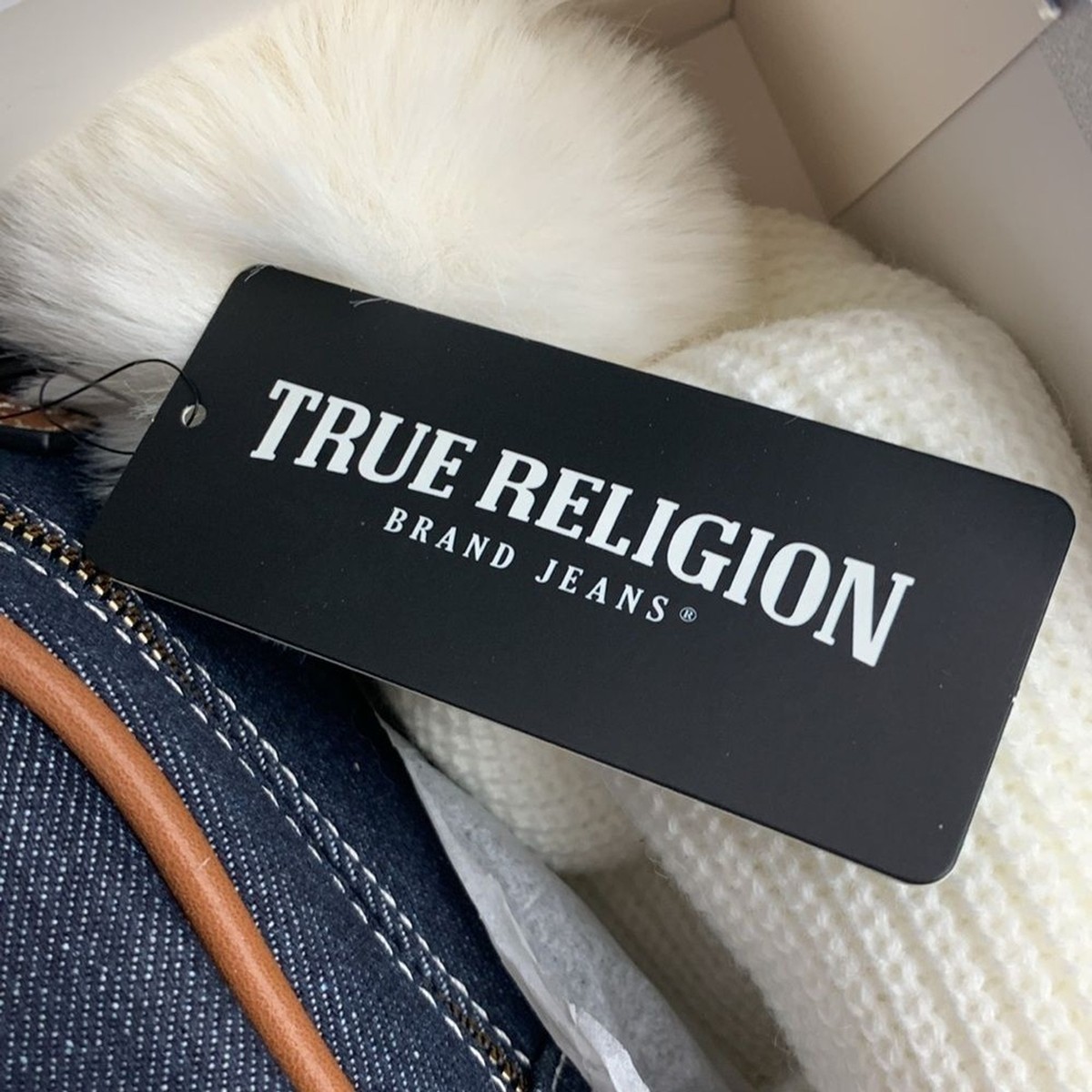 True Religion White Knit hat & Denim Backpack bag purse 2 piece Gift Set NEW True Religion Cream pompom Beanie and Blue denim Tote  main image 2