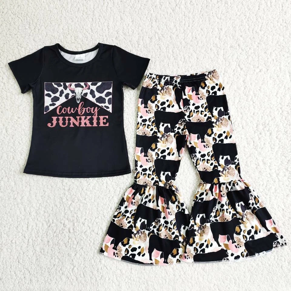 Girls Cowboy Junkie Black Short Sleeve Shirt Leopard Bell Pants Set 2pcs Outfit