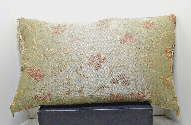 Vintage Light Green Upholstered Pillow / Damask Fabric with Trim