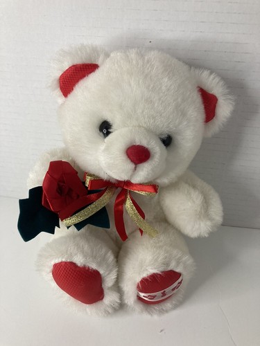 White sitting Bear Red Ears Holding A Rose Gold Yellow Bow Music Notes On Foot
