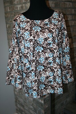 Elizabeth and James Boxy Brown Light Blue 3/4 Balloon Sleeve Floral Top SZ XL