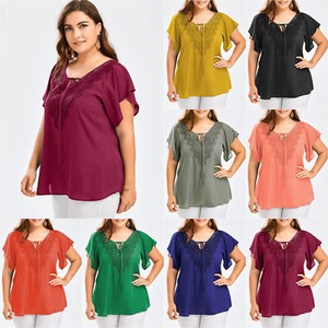Plus-Size-Women-Lace-Shirt-Tops-Casual-Loose-V-Neck-Short-Sleeve-Blouse-T-shirt