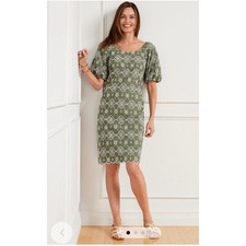 TALBOTS Puff Sleeve Embroidered Shift Dress Green Cotton Eyelet Lace Sz 2