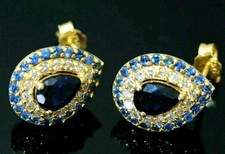 3CT Lab Created Pear Blue Sapphire Double Halo Earrings 14k Yellow Gold Finish
