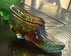 Vintage Fenton Daisy & Button Glass Blue Carnival Iridescent, Shoe 3”