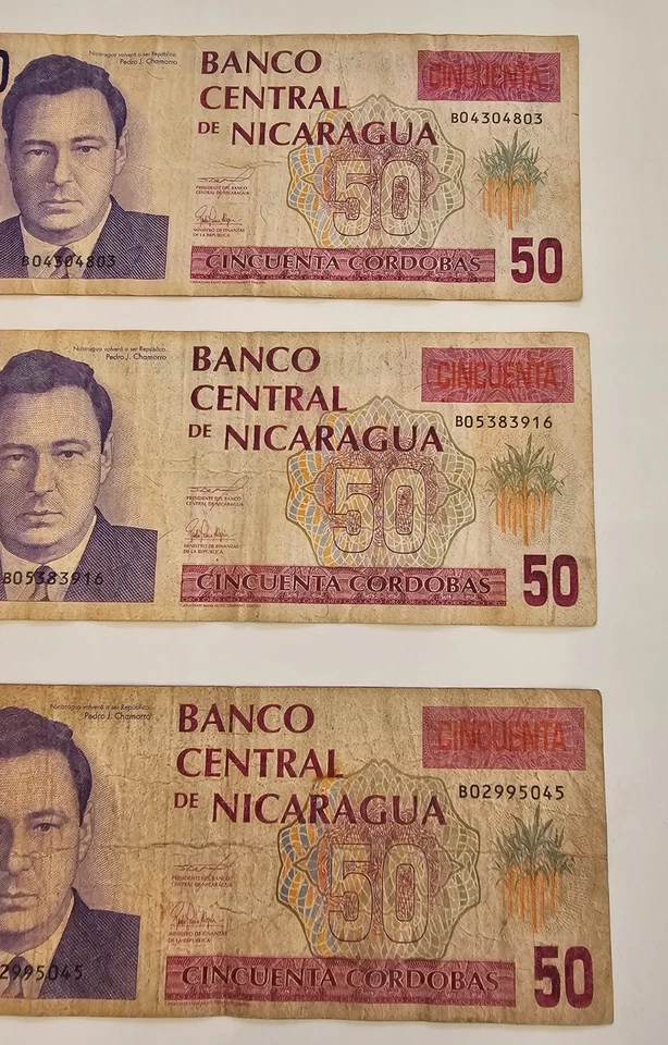 Set of 3 NICARAGUA 50 Cordobas 1990 (1991), Banknote, Prefix B, 2 signature. - Image 2 of 4
