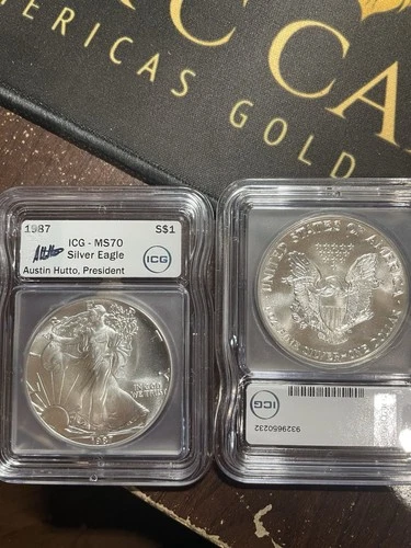 1987 American Silver Eagle ICG MS70 Austin Hutto Signed Ounce Silver Dollar ASE