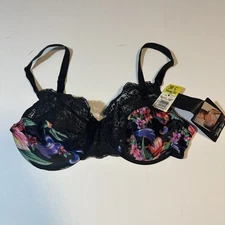 Vtg 90s Vanity Fair Underwire Bra Black Lace Floral Semi Sheer Unlined Sz 38C