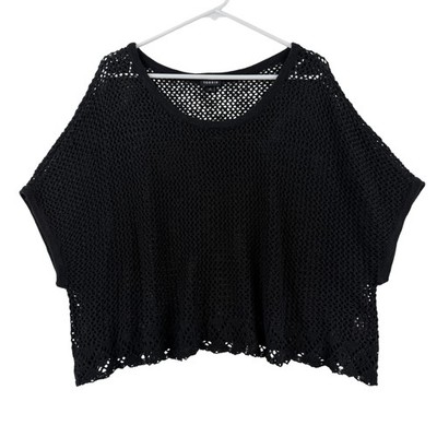 Torrid Sweater Womens 2 Plus Black Open Knit Dolman Short Sleeve Sheer Pullover