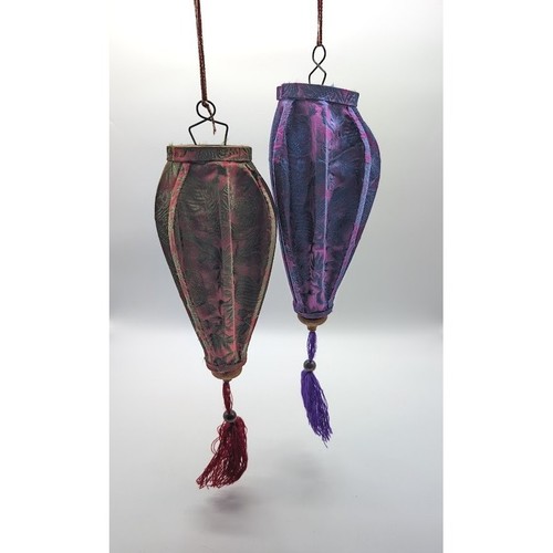 2 Set Vintage Vietnamese Silk Lanterns Jacquard Floral Tassel Hanging Decor