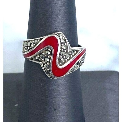925 STERLING SILBER RING ERED EMAILLE UND MARKASITEN ZICK-ZACK GRÖSSE 7 SKY
