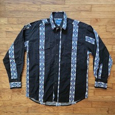 Vintage 90s Wrangler Mens Western Shirt Aztec Pearl Snap Blue Black Cotton LS