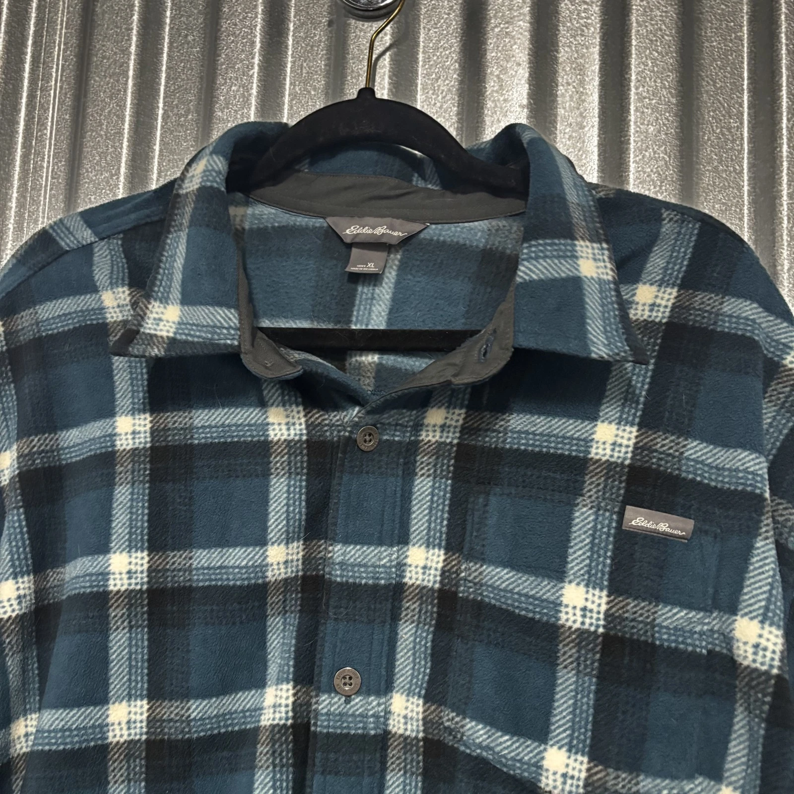 Eddie Bauer Shirt Mens XL Blue Black Plaid Fleece Button Down Outdoors Flannel