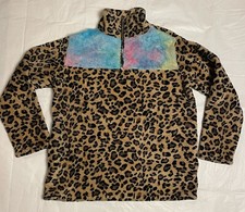Cheetah Leopard Print Sweatshirt Size L Tie Dye Fleece Jacket 1/4 Zip W/Pockets