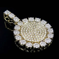 4 Ctw Real Moissanite 14K Yellow Gold Plated Medallion Disc Men's Pendant 1.8"