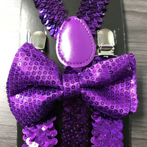 Purple Sequin Suspender + Clip on Bow-Tie Matching Set for Adults Men Women - Picture 2 of 8