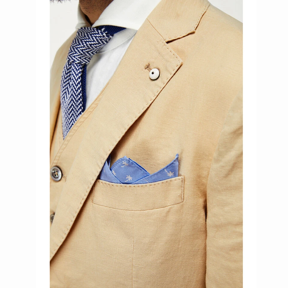 Linen Men's Suits 3 Pieces Leisure Peak Lapel Summer Wedding Tailored Tuxedos - Image 4 of 4