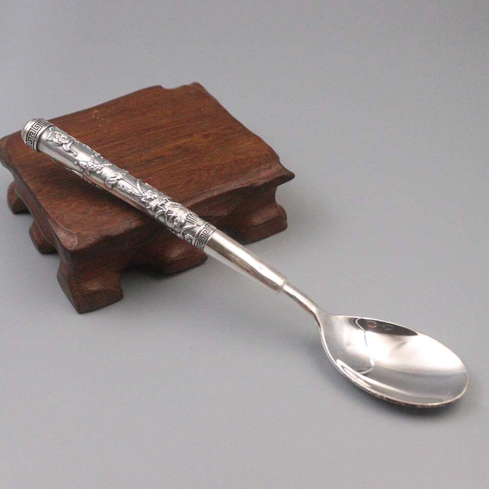 Real 999 Fine Silver Spoon Healthy Lotus Flower Handle Vintage