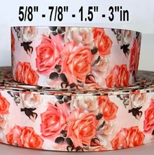 GROSGRAIN RIBBON 5/8, 7/8", 1.5", 3" Flowers Rose Mother's Day Pink F1R Printed