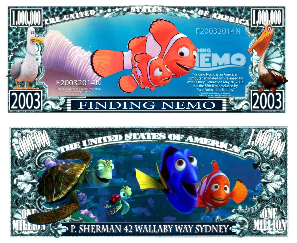 NEMO ! BILLET MILLION DOLLAR US! Collection dessin animé Disney Dory le Monde de
