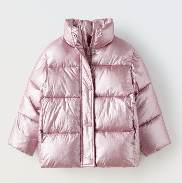 NWT Zara Baby Girl Metallic Pink Puffer Jacket Coat Sparkle