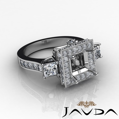 3 Stone Round Princess Pave Pre-Set Diamond Engagement Ring 18k White Gold 1.1Ct - Picture 3 of 6