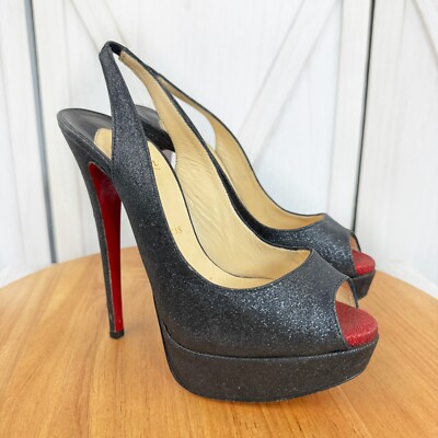 Christian Louboutin Lady Peep Glitter Platform Slingback Pumps Black Red 