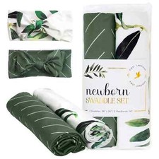 First Landings Newborn Swaddle Set - Matching Headband and One Size, Olive