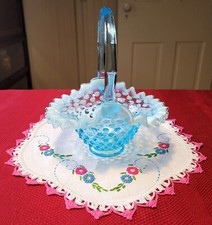 Vintage FENTON No. 3837 BLUE OPALESCENT HOBNAIL Glass BASKET 1940-55 1959 1978